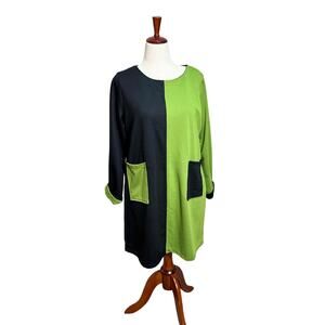 Huiermei tunic dress scoop neck long sleeve green black knit pockets Sz XXL